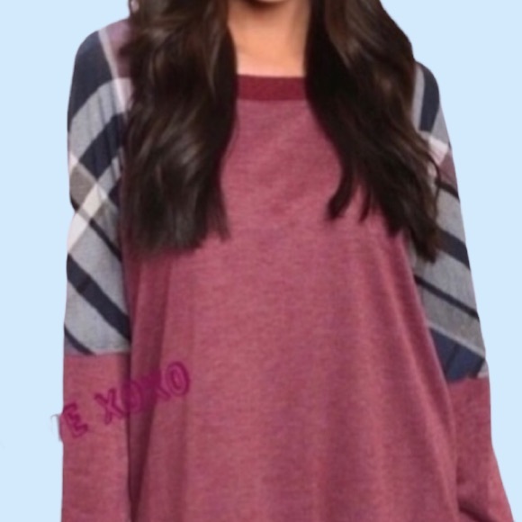 ❌DONATED❌Burgundy Plaid Insert Detail Loose Fit Long Sleeve Top - Picture 2 of 11
